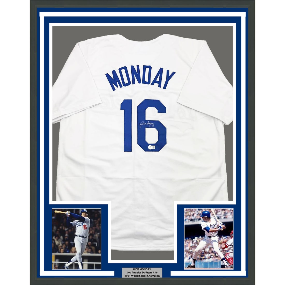 Rick Monday signed Dodgers jersey framed with JSA COA 35x39: Rick Monday signed Dodgers jersey framed with JSA COA 35x39 This is a professionally framed and matted Los Angeles Dodgers white jersey autographed by Rick Monday. The display includes two 5x7 photos 