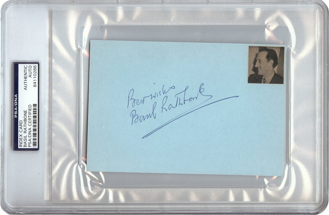 Basil Rathbone Signed 4X6 Index Card PSA/DNA Certified 1965: Basil Rathbone Signed 4X6 Index Card PSA/DNA Certified 1965 This is a vintage 4X6 index card autographed by the legendary Basil Rathbone, known for his iconic role as Sherlock Holmes. The autograph is