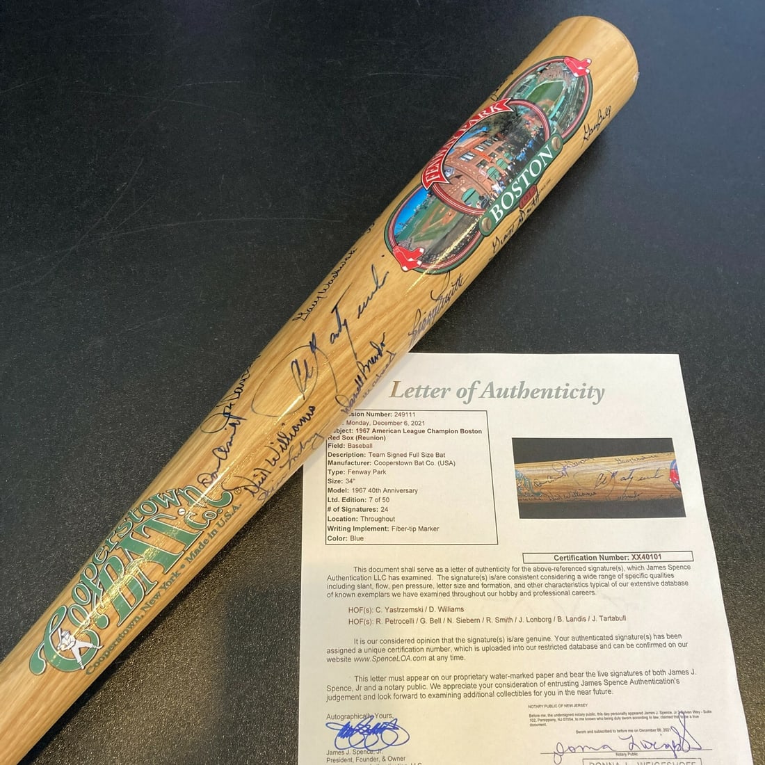 Boston Red Sox 1967 AL Champions Bat Signed by 24 Including Yastrzemski JSA COA: Boston Red Sox 1967 AL Champions Bat Signed by 24 Including Yastrzemski JSA COA This is an original 1967 Boston Red Sox American League Champions team-signed baseball bat. The bat features 24 signatur