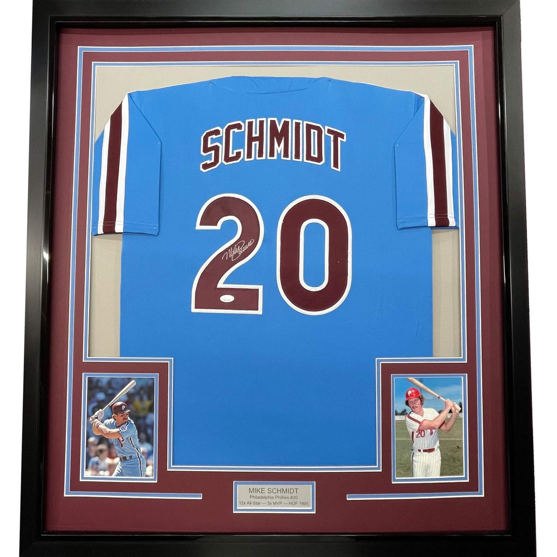 Mike Schmidt Signed Framed Phillies Blue Jersey 33x42 JSA COA: Mike Schmidt Signed Framed Phillies Blue Jersey 33x42 JSA COA This professionally framed and matted Philadelphia Phillies blue jersey features the authentic signature of MLB player Mike Schmidt. The d