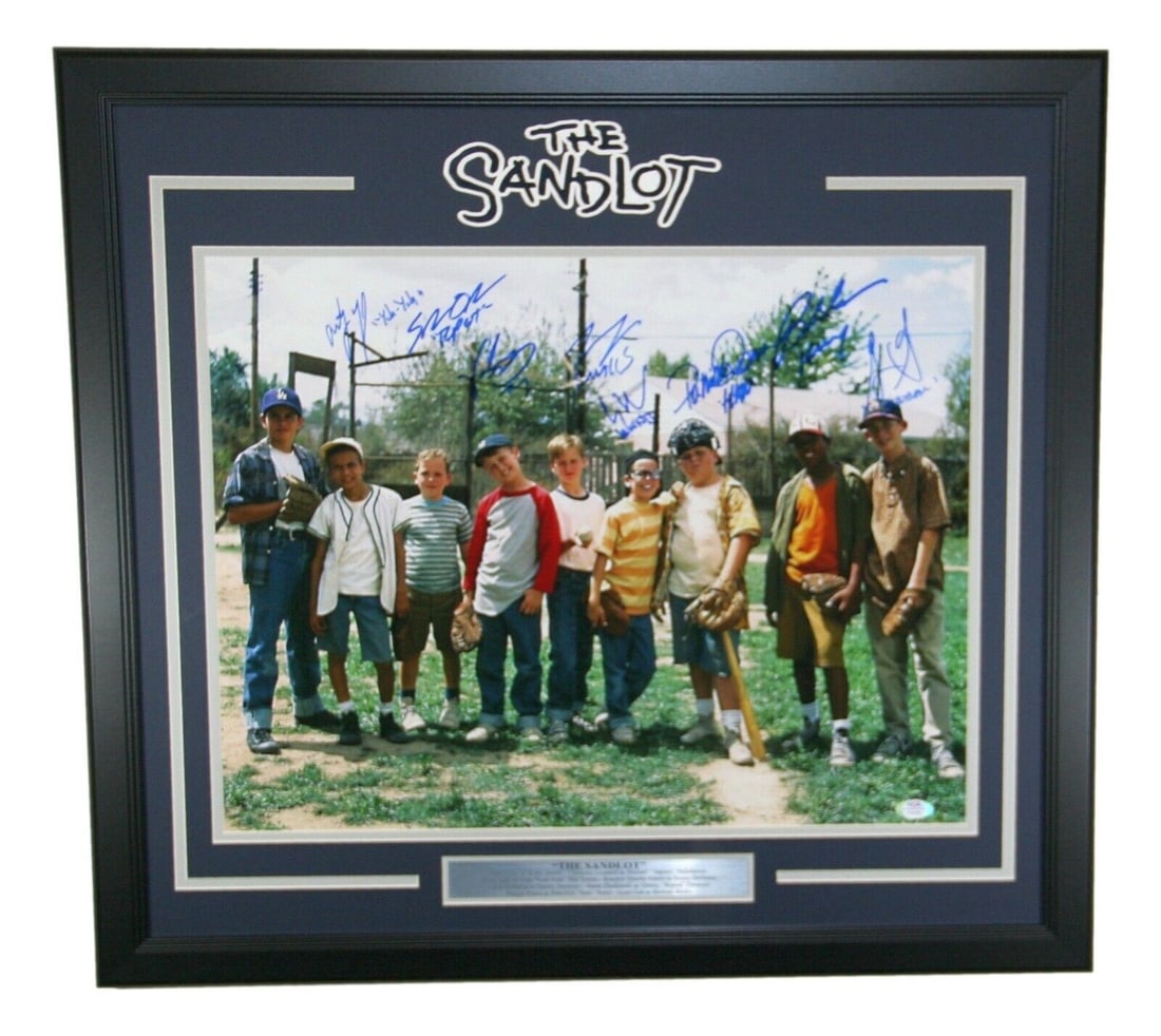 The Sandlot 16x20 Framed Photo Signed by 8 Cast JSA Authenticated: The Sandlot 16x20 Framed Photo Signed by 8 Cast JSA Authenticated This original 16x20 photograph from the beloved movie "The Sandlot" is an exceptional collectible, autographed by eight cast members: 