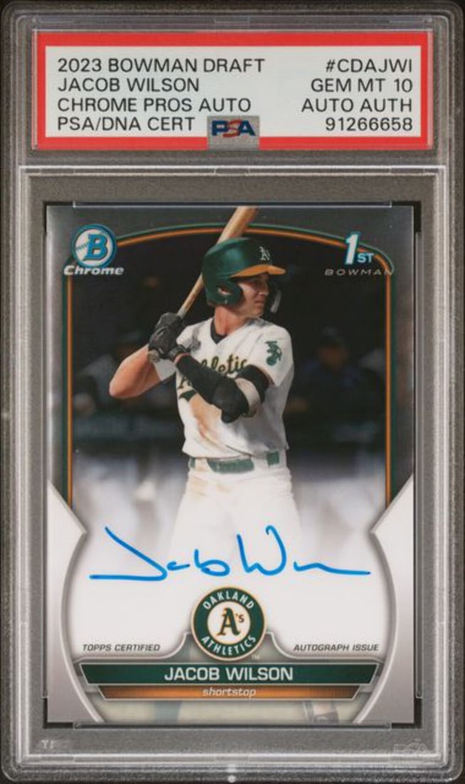 PSA 10 2023 Bowman Draft Jacob Wilson Chrome Rookie Autograph Card #CDAJWI: PSA 10 2023 Bowman Draft Jacob Wilson Chrome Rookie Autograph Card #CDAJWI This is an original 2023 Bowman Draft Jacob Wilson #CDAJWI Chrome Auto Rookie RC Card, featuring an authentic autograph by Ja