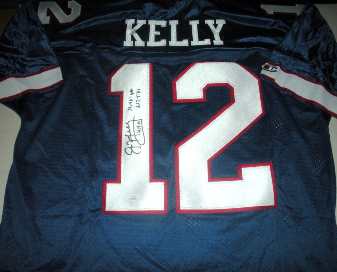 Autographed Buffalo Bills Champion Jersey Jim Kelly Hall of Fame JSA COA: Autographed Buffalo Bills Champion Jersey Jim Kelly Hall of Fame JSA COA This is an official licensed Champion jersey signed by Jim Kelly of the Buffalo Bills. The jersey is an original item, authenti