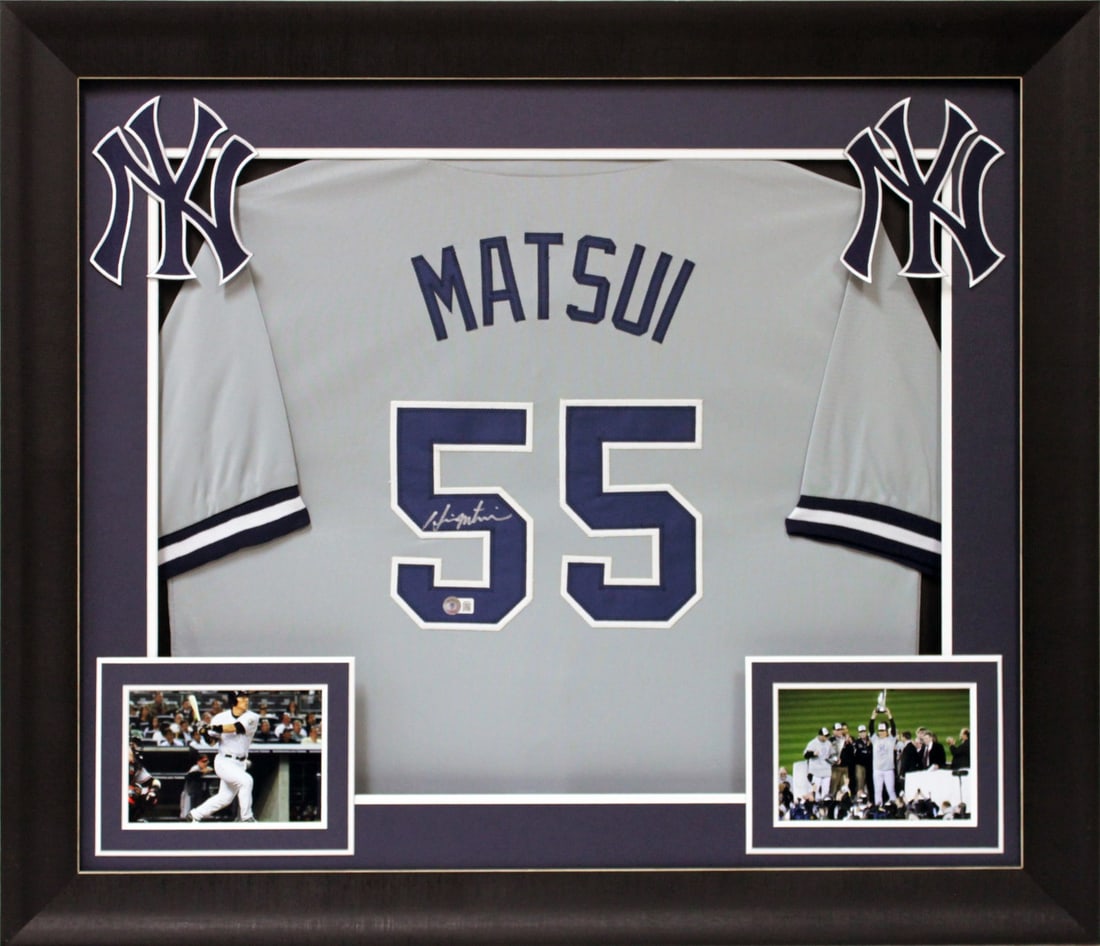 Hideki Matsui Signed Framed Grey Jersey Beckett BAS Witnessed: Hideki Matsui Signed Framed Grey Jersey Beckett BAS Witnessed This autographed grey pro style framed jersey has been personally signed by Hideki Matsui of the New York Yankees. It is an original, hand