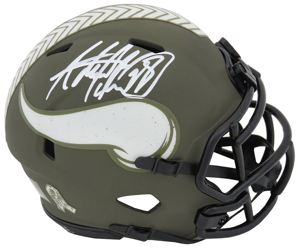 Adrian Peterson Signed Minnesota Vikings Mini Helmet with COA: Adrian Peterson Signed Minnesota Vikings Mini Helmet with COA Own a piece of NFL history with this Adrian Peterson signed Minnesota Vikings Salute to Service Riddell Speed mini helmet. This authentic 