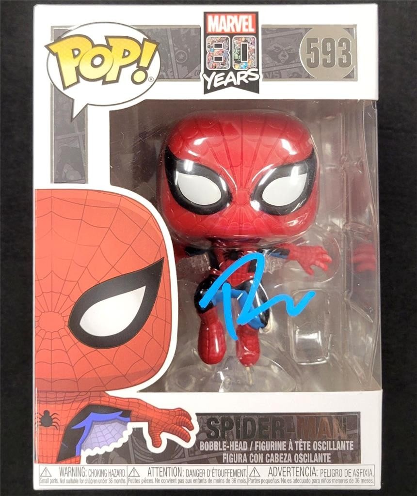 Tobey Maguire Signed Spider-Man Funko Pop Beckett Authenticated: Tobey Maguire Signed Spider-Man Funko Pop Beckett Authenticated This Funko Pop features a signed figure of Spider-Man, commemorating Marvel's 80 years. Authenticated by Beckett, this collectible showc