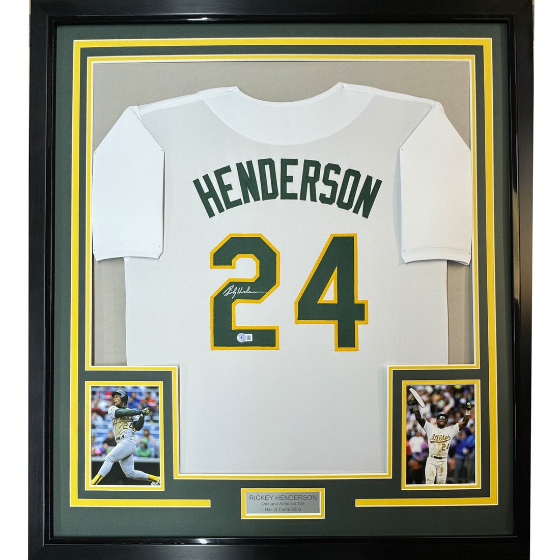 Framed Rickey Henderson Signed Baseball Jersey with BAS COA: Framed Rickey Henderson Signed Baseball Jersey with BAS COA This professionally framed and matted item features a signed Rickey Henderson white baseball jersey, celebrating the legendary athlete's car