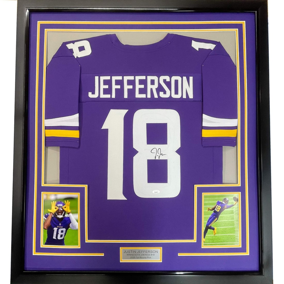 Justin Jefferson signed framed Vikings jersey 33x42 JSA COA: Justin Jefferson signed framed Vikings jersey 33x42 JSA COA This professionally framed and matted Minnesota Vikings jersey features the authentic signature of NFL player Justin Jefferson. The display 