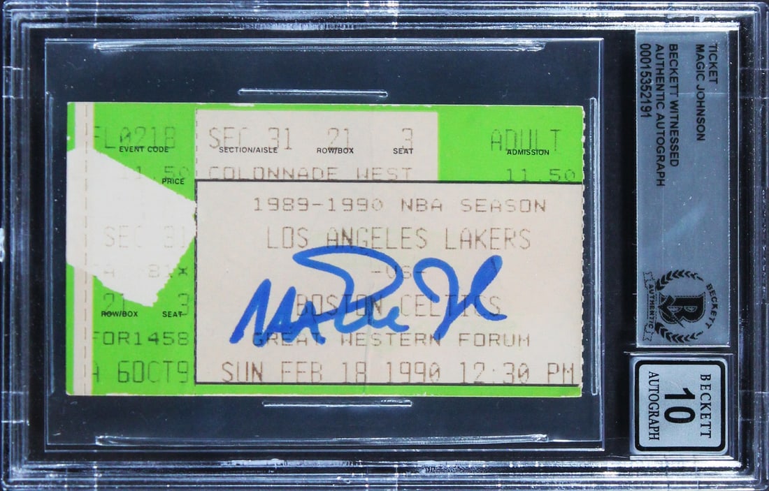 Magic Johnson Signed 1990 Celtics Lakers Ticket Stub Gem Mint 10 Beckett Authenticated: Magic Johnson Signed 1990 Celtics Lakers Ticket Stub Gem Mint 10 Beckett Authenticated This collectible ticket stub from the iconic February 18, 1990 game between the Boston Celtics and the Los Angele