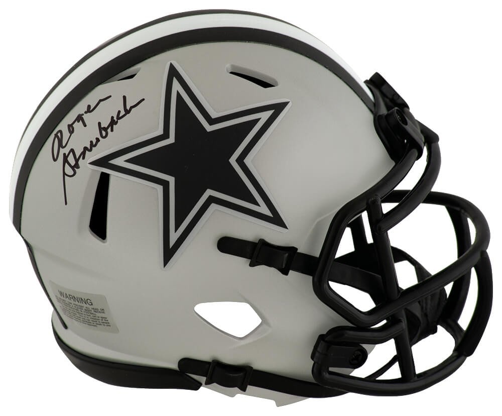 Dallas Cowboys Riddell Speed Mini Helmet Signed by Roger Staubach: Dallas Cowboys Riddell Speed Mini Helmet Signed by Roger Staubach Pre-owned Riddell Speed mini helmet in the Dallas Cowboys Rave design, signed by Roger Staubach. This original autographed football co