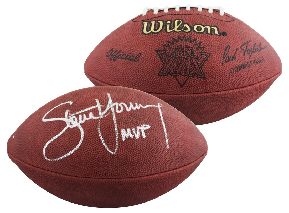 Steve Young Signed Wilson NFL Football With MVP Inscription Beckett Authenticated: Steve Young Signed Wilson NFL Football With MVP Inscription Beckett Authenticated This Wilson official NFL football has been personally signed by Steve Young of the San Francisco 49ers, with the added