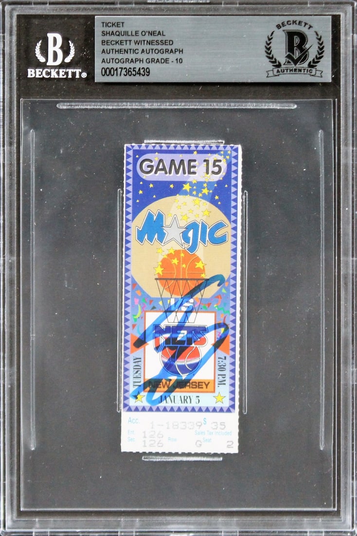 Shaquille O'Neal Signed 1993 Ticket Stub Gem Mint 10 Beckett Authenticated: Shaquille O'Neal Signed 1993 Ticket Stub Gem Mint 10 Beckett Authenticated This is a rare and collectible ticket stub from the January 5, 1993 game between the Orlando Magic and the New Jersey Nets, p