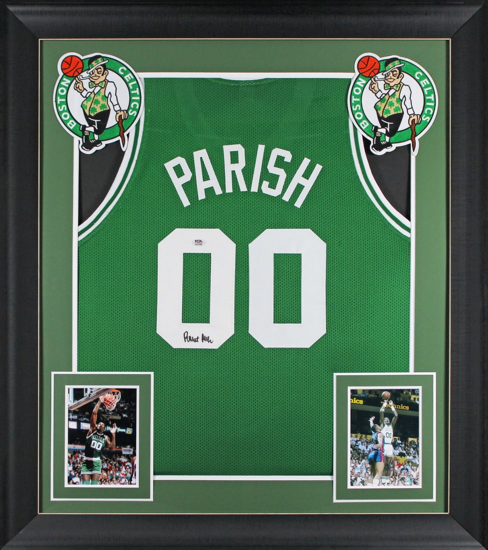 Framed Green Pro Style Jersey Signed by Robert Parish PSA DNA: Framed Green Pro Style Jersey Signed by Robert Parish PSA DNA Autographed green pro style framed jersey personally signed by Robert Parish of the Boston Celtics. It is an original item and comes with 