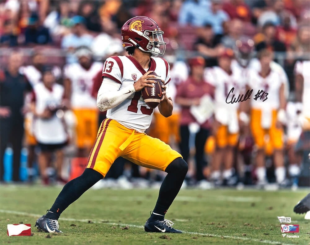 Caleb Williams USC Trojans Signed 16x20 Action Photo Fanatics COA: Caleb Williams USC Trojans Signed 16x20 Action Photo Fanatics COA This is an original 16x20 action photo featuring Caleb Williams in a USC Trojans white jersey. The photo is hand-signed by Caleb Willi