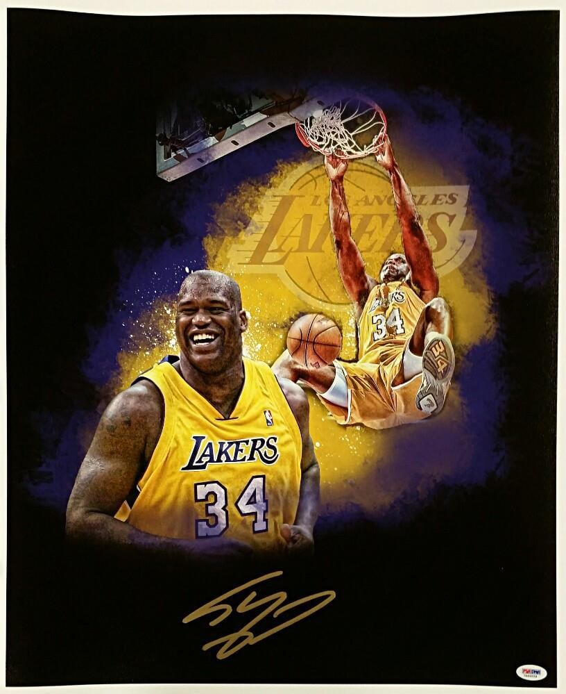Shaquille O'Neal Autographed Lakers 18x24 Canvas Photo PSA/DNA Authenticated: Shaquille O'Neal Autographed Lakers 18x24 Canvas Photo PSA/DNA Authenticated This 18x24 canvas photo features an authentic signature from basketball legend Shaquille O'Neal. The item is officially aut