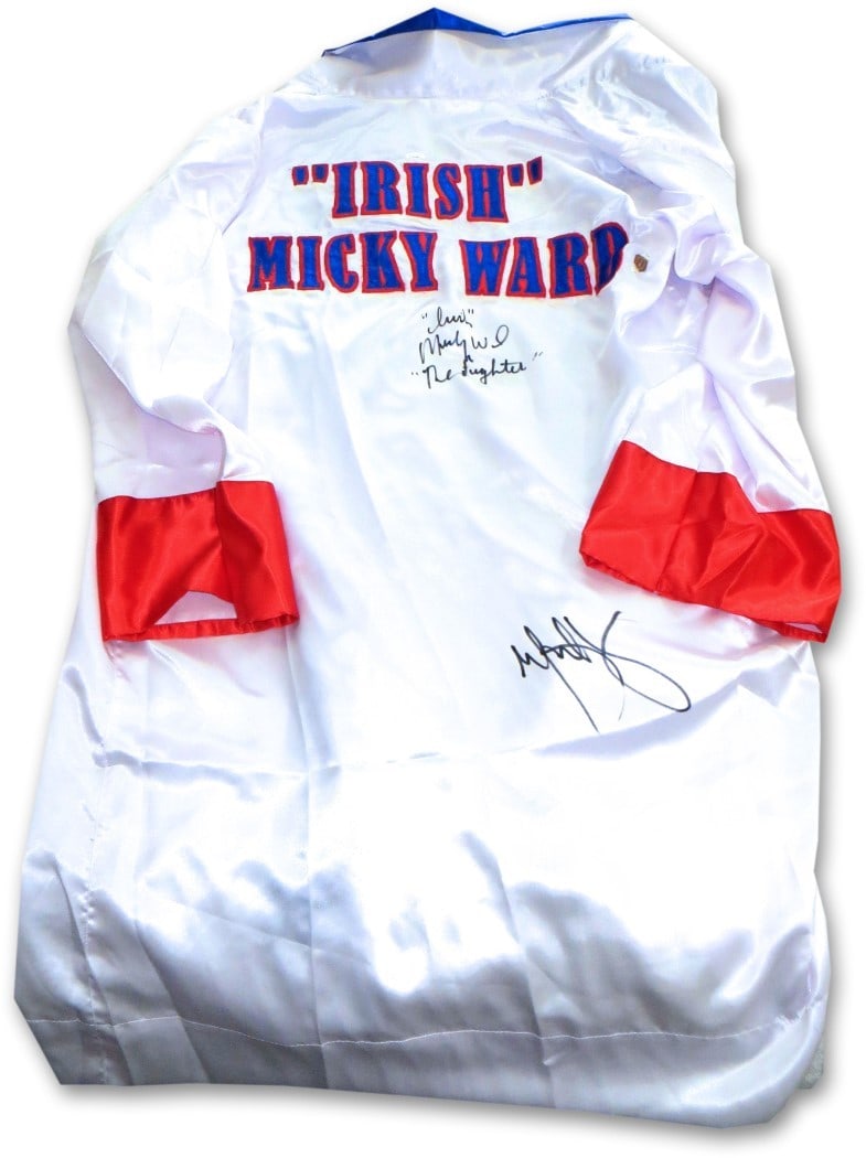JSA authenticated boxing robe signed by Mark Wahlberg and Micky Ward: JSA authenticated boxing robe signed by Mark Wahlberg and Micky Ward This boxing robe is autographed by both Mark Wahlberg and Micky Ward, known for their connection to the film "The Fighter." The sig