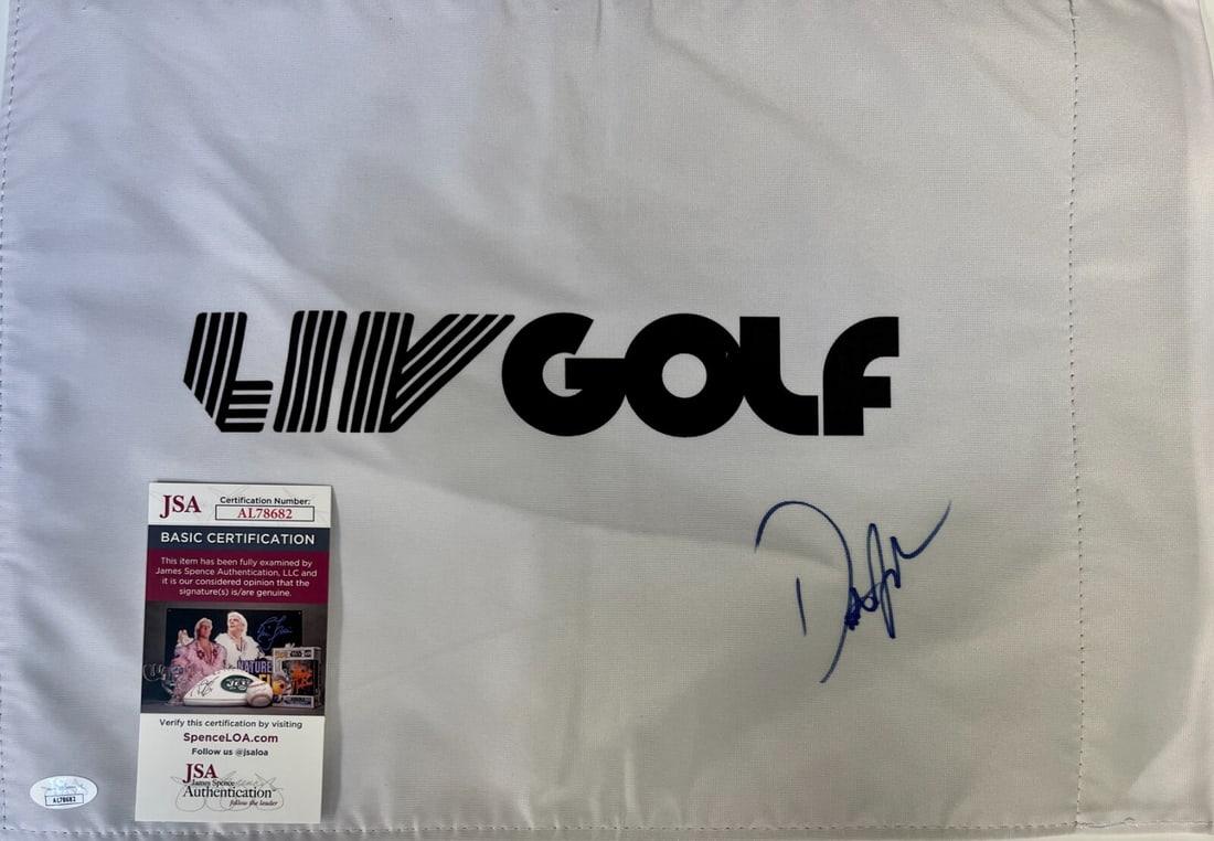 Dustin Johnson Autographed LIV Golf #18 Pin Flag JSA Certified: Dustin Johnson Autographed LIV Golf #18 Pin Flag JSA Certified Official LIV Golf #18 pin flag signed by golf superstar Dustin Johnson. This unique collectible features a perfect autograph, authenticat