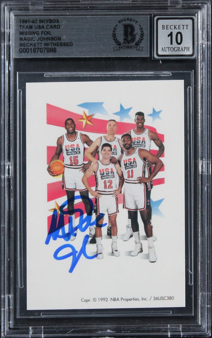 Magic Johnson Autographed 1991 Skybox Team USA Card BAS Slabbed Auto 10: Magic Johnson Autographed 1991 Skybox Team USA Card BAS Slabbed Auto 10 This is an original 1991 Skybox Team USA basketball card featuring Magic Johnson of the Los Angeles Lakers. The card has been pe