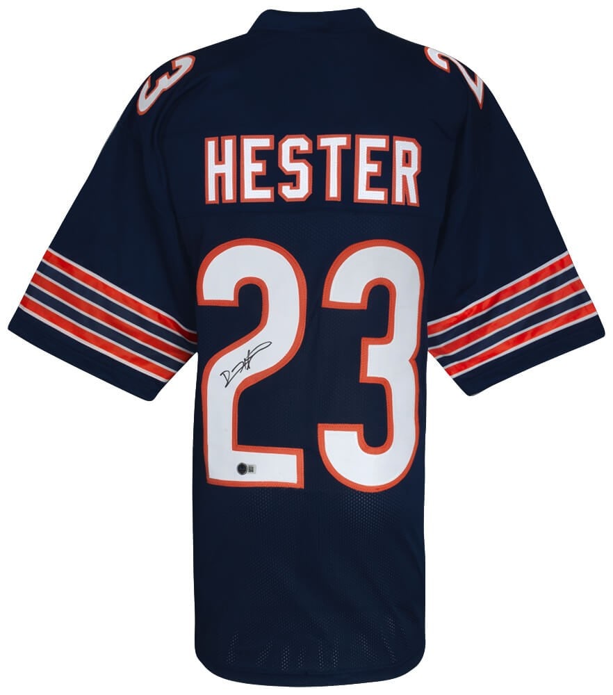 Chicago Bears Devin Hester signed navy custom football jersey Beckett COA: Chicago Bears Devin Hester signed navy custom football jersey Beckett COA This navy custom football jersey is signed by Devin Hester of the Chicago Bears. The autograph is authenticated with a Beckett