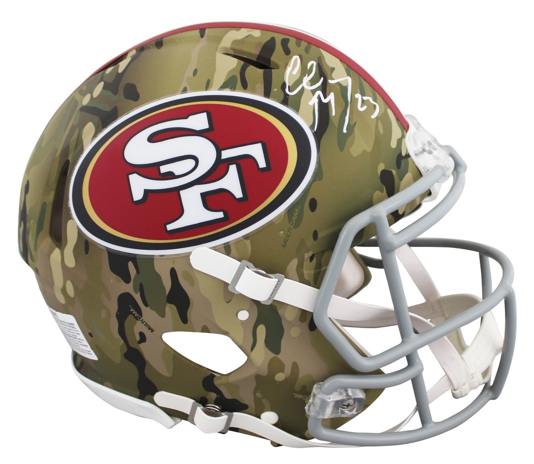 Christian McCaffrey Signed Camo Full Size Speed Proline Helmet BAS: Christian McCaffrey Signed Camo Full Size Speed Proline Helmet BAS Celebrate your fandom with this authentic full-size speed Proline helmet featuring the signature of Christian McCaffrey, star player 