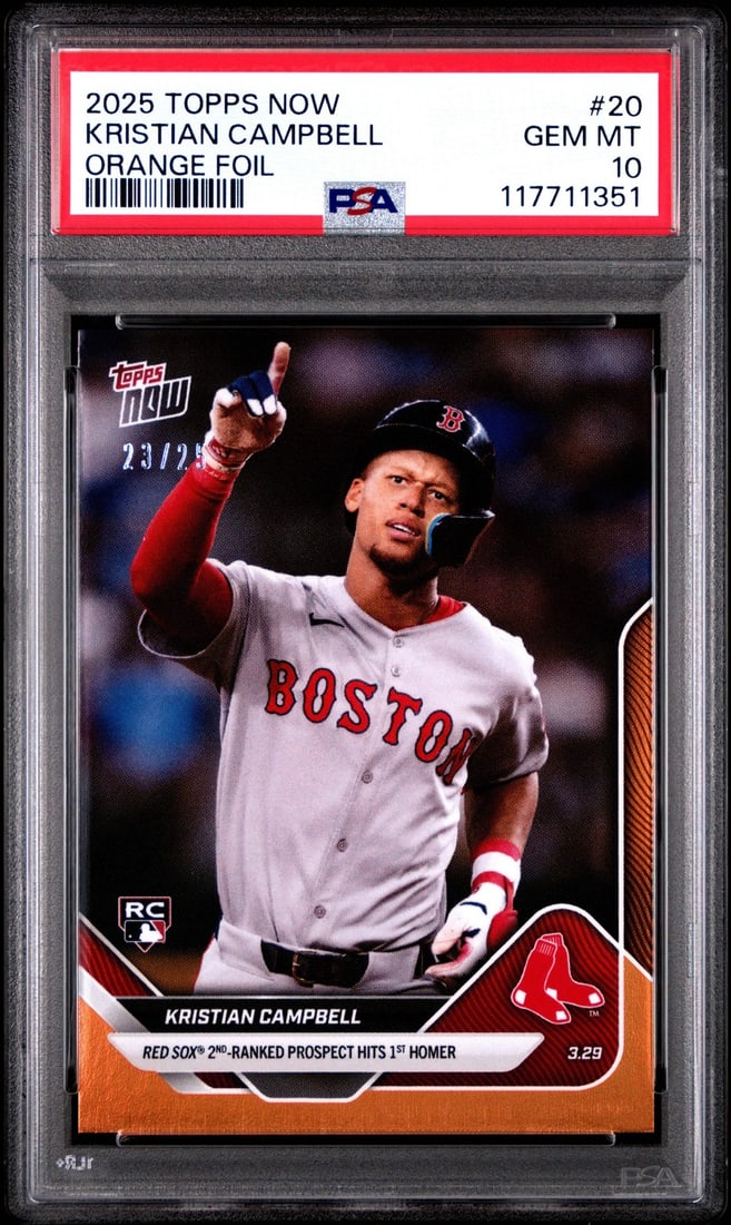2025 Topps Now Kristian Campbell #20 Orange /25 RC PSA 10 Baseball Card: 2025 Topps Now Kristian Campbell #20 Orange /25 RC PSA 10 Baseball Card This is a graded 2025 Topps Now Kristian Campbell #20 Orange baseball card, limited to just 25 copies. The card features a PSA g