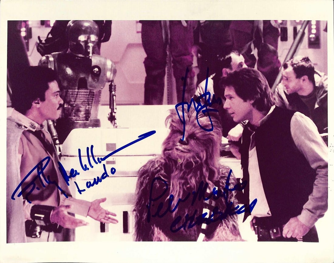 Beckett Authenticated 8x10 Star Wars Return of the Jedi Signed Photo: Beckett Authenticated 8x10 Star Wars Return of the Jedi Signed Photo This 8x10 photograph from Star Wars: Return of the Jedi features the characters Han Solo, Lando Calrissian, and Chewbacca. The phot
