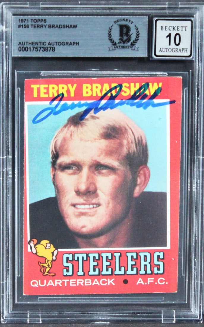 Beckett slabbed Terry Bradshaw 1971 Topps #156 autographed card: Beckett slabbed Terry Bradshaw 1971 Topps #156 autographed card This is an original 1971 Topps #156 football card, personally signed by Terry Bradshaw of the Pittsburgh Steelers. The card features an 