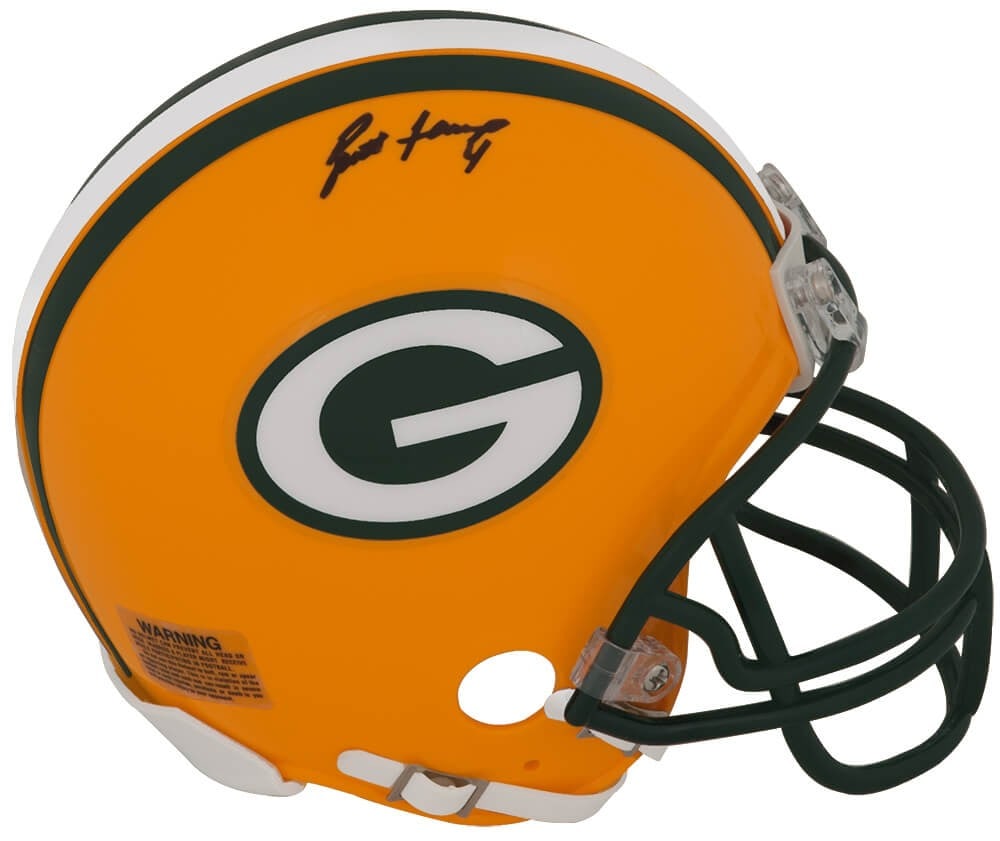 Brett Favre autographed Packers Riddell VSR4 mini helmet with hologram: Brett Favre autographed Packers Riddell VSR4 mini helmet with hologram This Green Bay Packers Riddell VSR4 mini helmet is personally signed by Brett Favre. The helmet features a Brett Favre personal n