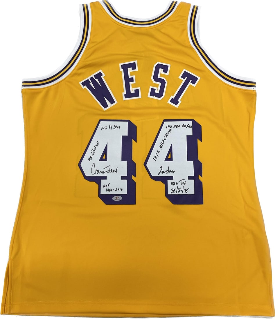 Jerry West Autographed Lakers Jersey PSA/DNA Authentic Mitchell & Ness: Jerry West Autographed Lakers Jersey PSA/DNA Authentic Mitchell & Ness This is an original Mitchell & Ness Los Angeles Lakers jersey autographed by basketball legend Jerry West. The jersey features hi