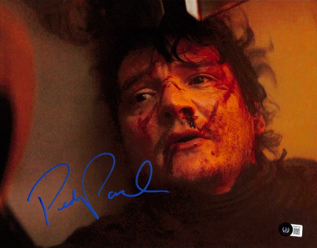 Pedro Pascal Signed 11x14 The Mandalorian Photo Beckett Authenticated: Pedro Pascal Signed 11x14 The Mandalorian Photo Beckett Authenticated This striking 11x14 photograph features Pedro Pascal as The Mandalorian, signed in blue permanent marker. The autograph is authent