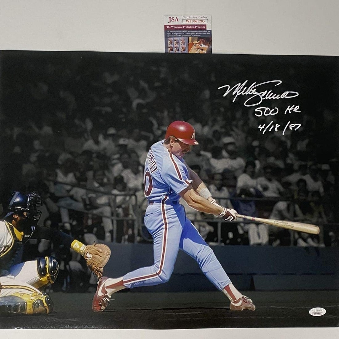 Mike Schmidt Signed 16x20 Phillies 500th HR Photo JSA Authenticated: Mike Schmidt Signed 16x20 Phillies 500th HR Photo JSA Authenticated Original 16x20 photo signed by Mike Schmidt and inscribed "500th HR." This baseball collectible is associated with the Philadelphia 