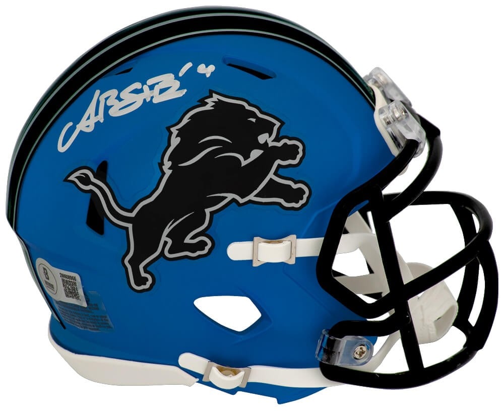 Beckett COA Amon-Ra St. Brown Lions 2024 alt blue Riddell mini helmet: Beckett COA Amon-Ra St. Brown Lions 2024 alt blue Riddell mini helmet This is a Detroit Lions 2024 alternate blue Riddell speed mini helmet that has been hand-signed by Amon-Ra St. Brown. The helmet c