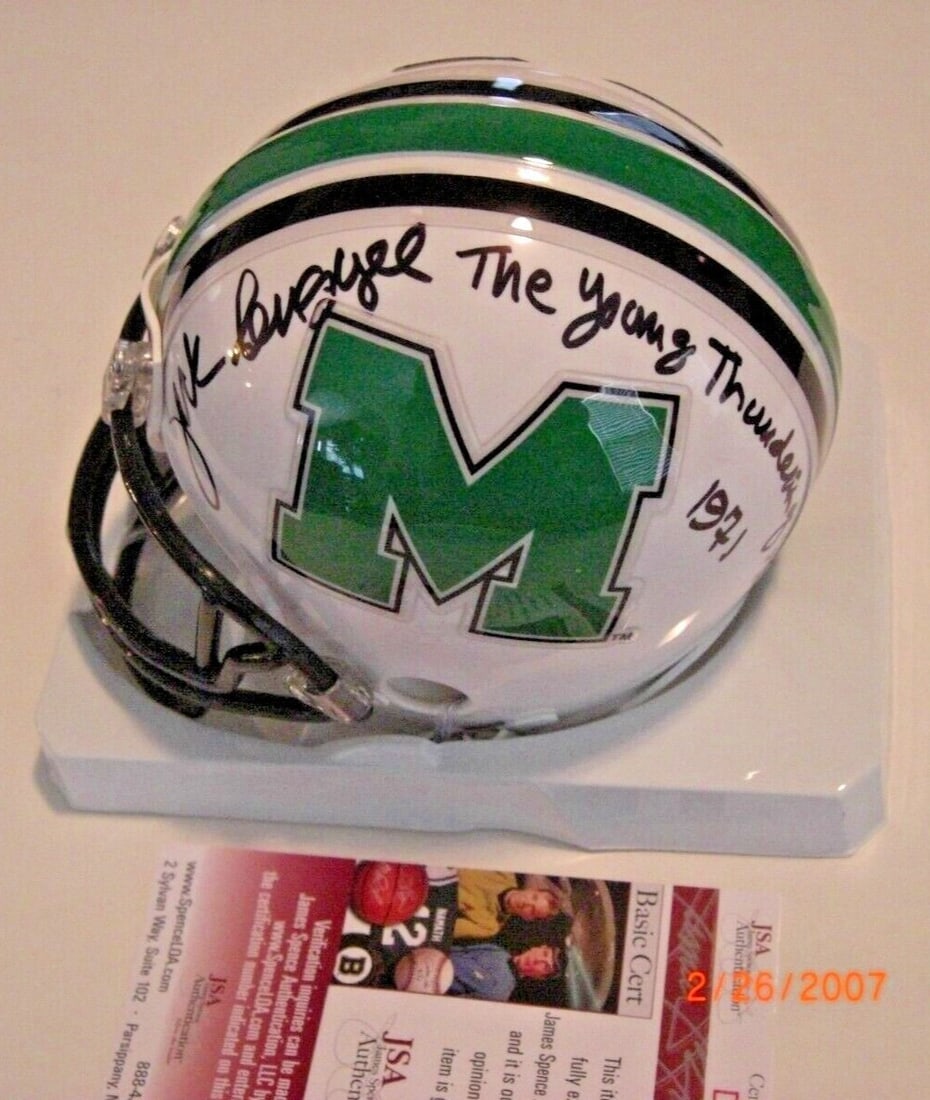 Jack Lengyel Signed Mini Helmet Marshall Thundering Herd Riddell JSA COA: Jack Lengyel Signed Mini Helmet Marshall Thundering Herd Riddell JSA COA This is a signed mini helmet from the Marshall Thundering Herd, featuring the autograph of JACK LENGYEL. Manufactured by Riddel