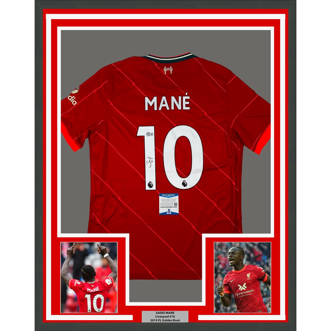 Framed Sadio Mane Autographed Liverpool Jersey with BAS COA: Framed Sadio Mane Autographed Liverpool Jersey with BAS COA This stunning framed autographed Sadio Mane Liverpool red soccer jersey is a must-have for any fan. Measuring 33" x 42", it features two 5" 