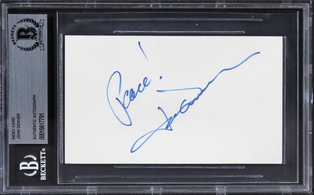 Beckett Slabbed John Denver Autographed 3x5 Index Card: Beckett Slabbed John Denver Autographed 3x5 Index Card This 3x5 index card features the authentic signature of John Denver, the renowned singer. The autograph has been personally signed and is slabbed