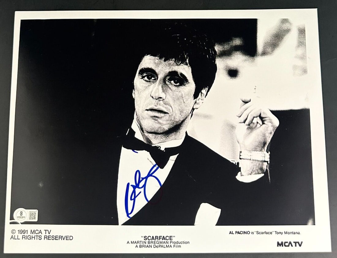 Al Pacino Autographed Scarface 11x14 Photo Beckett Authenticated: Al Pacino Autographed Scarface 11x14 Photo Beckett Authenticated This is an original 11x14 photograph from the iconic movie Scarface, signed by the legendary actor Al Pacino. The autograph has been au