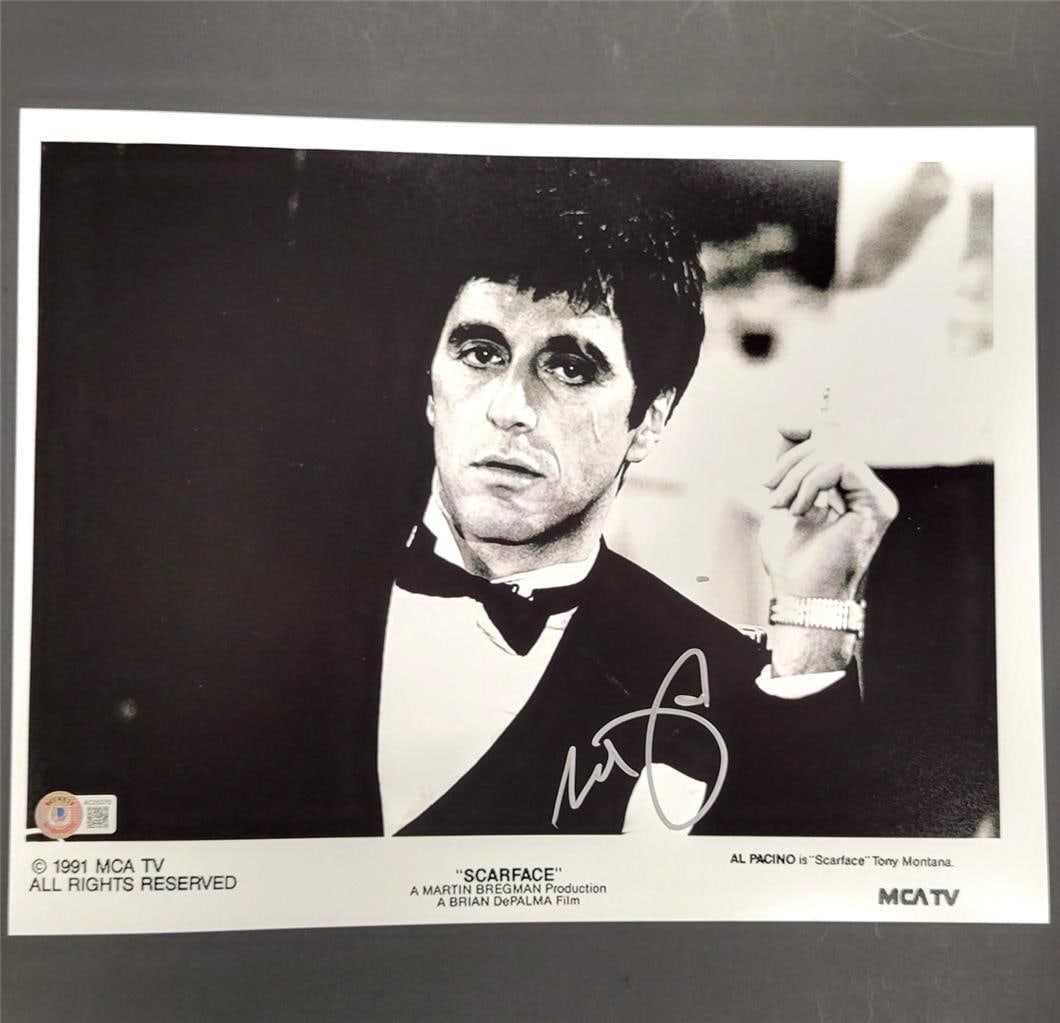Al Pacino Scarface 11x14 Signed Photo Beckett Authenticated: Al Pacino Scarface 11x14 Signed Photo Beckett Authenticated This is an original 11x14 photograph from the iconic movie Scarface, featuring the signature of legendary actor Al Pacino. The autograph has