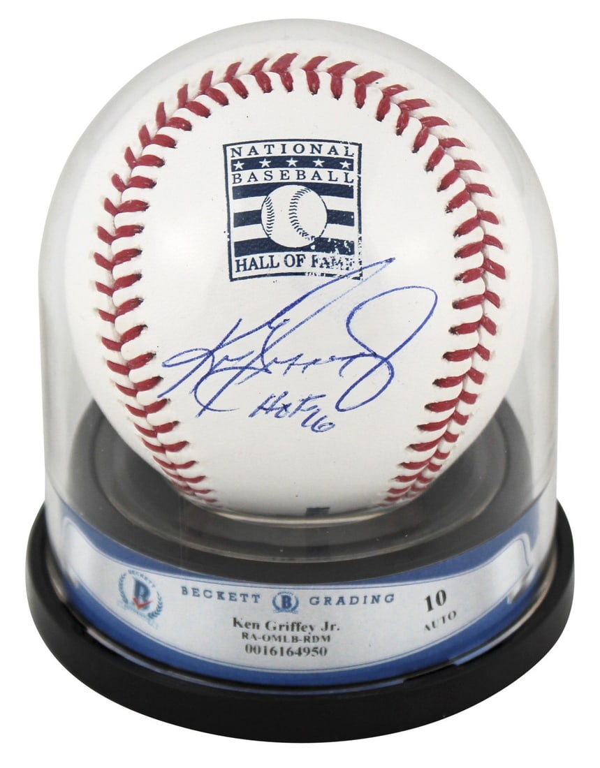 Ken Griffey Jr HOF 16 signed Mariners Hall of Fame logo baseball Beckett 10: Ken Griffey Jr HOF 16 signed Mariners Hall of Fame logo baseball Beckett 10 This original Hall of Fame logo OML baseball has been personally signed by Ken Griffey Jr. of the Seattle Mariners, featurin