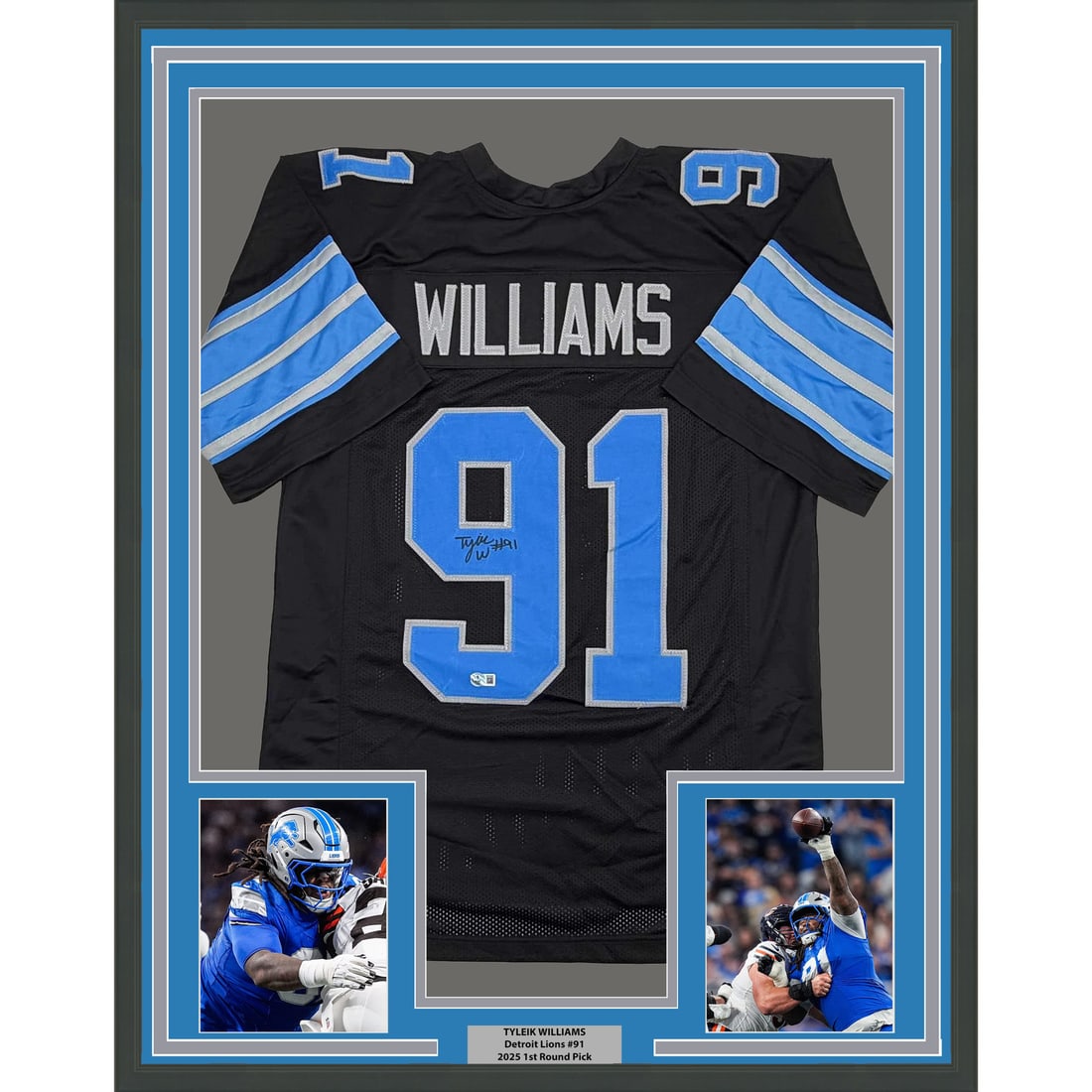 Tyleik Williams Signed Detroit Lions Black Jersey Framed with Beckett COA 35x39: Tyleik Williams Signed Detroit Lions Black Jersey Framed with Beckett COA 35x39 This professionally framed and matted display features a black Detroit Lions jersey autographed by Tyleik Williams. The 