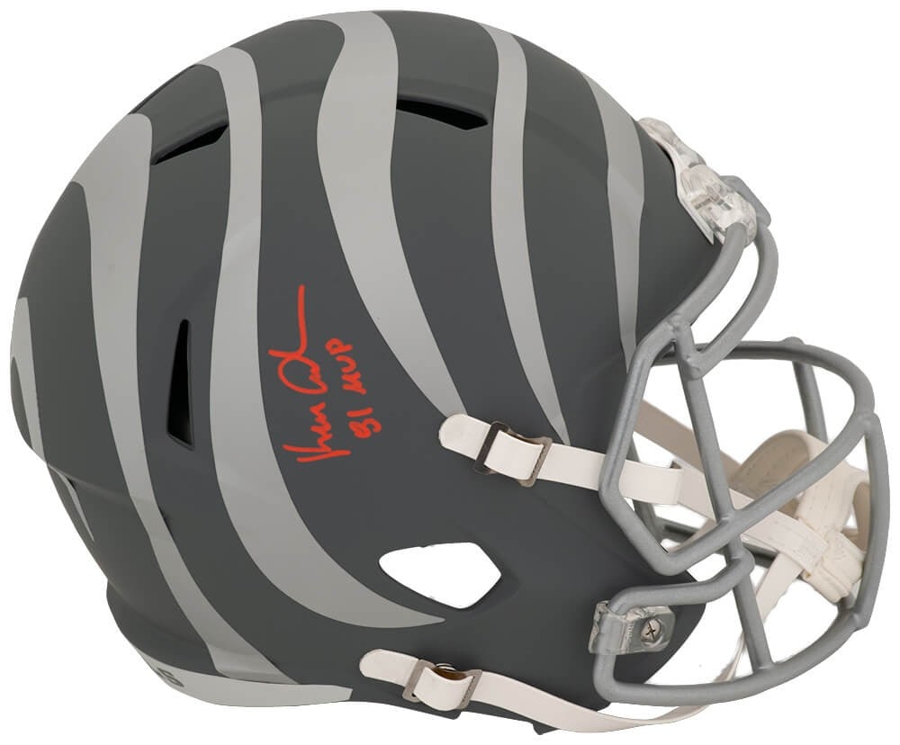 Signed Riddell Bengals full size replica helmet Ken Anderson 81 MVP inscription: Signed Riddell Bengals full size replica helmet Ken Anderson 81 MVP inscription This is a Cincinnati Bengals full size speed replica helmet by Riddell, signed by Ken Anderson. The helmet features a '8