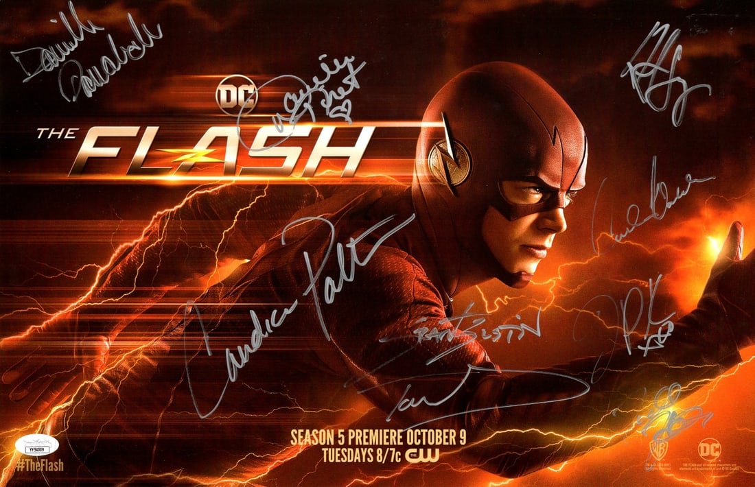 11X17 Flash cast poster 9 signatures JSA: 11X17 Flash cast poster 9 signatures JSA This is an original 11x17 poster from The Flash, autographed by nine cast members and contributors. The signatures include Grant Gustin, Tom Cavanaugh, Daniell