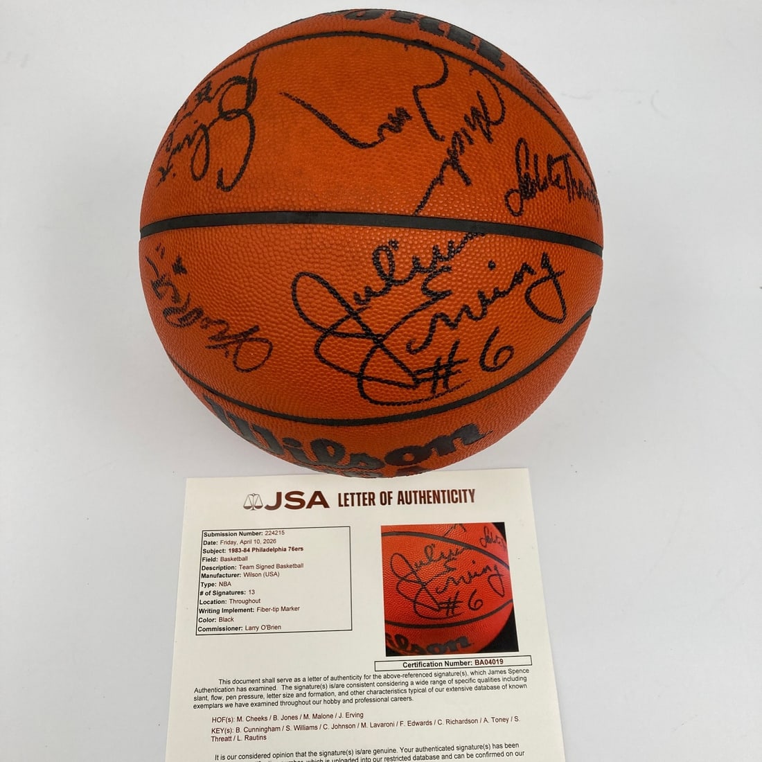 JSA authenticated 1983-84 76ers signed Wilson NBA game ball: JSA authenticated 1983-84 76ers signed Wilson NBA game ball This is an original 1983-84 Philadelphia 76ers official NBA game-issued basketball, signed by 13 members of the team. The Wilson official L.