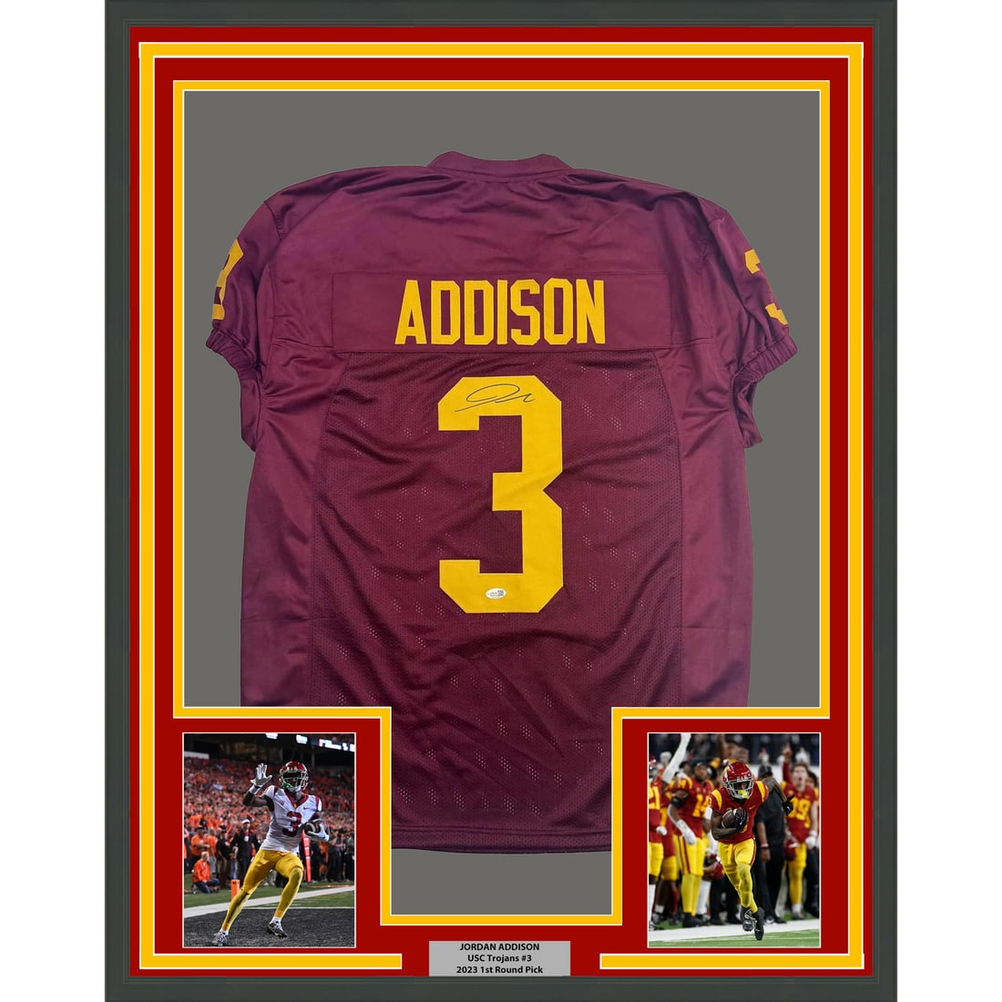 Jordan Addison USC Signed Red Jersey Framed with JSA COA 35x39 Display: Jordan Addison USC Signed Red Jersey Framed with JSA COA 35x39 Display This framed display features a Jordan Addison USC Trojans red college jersey, autographed and authenticated by James Spence Authe