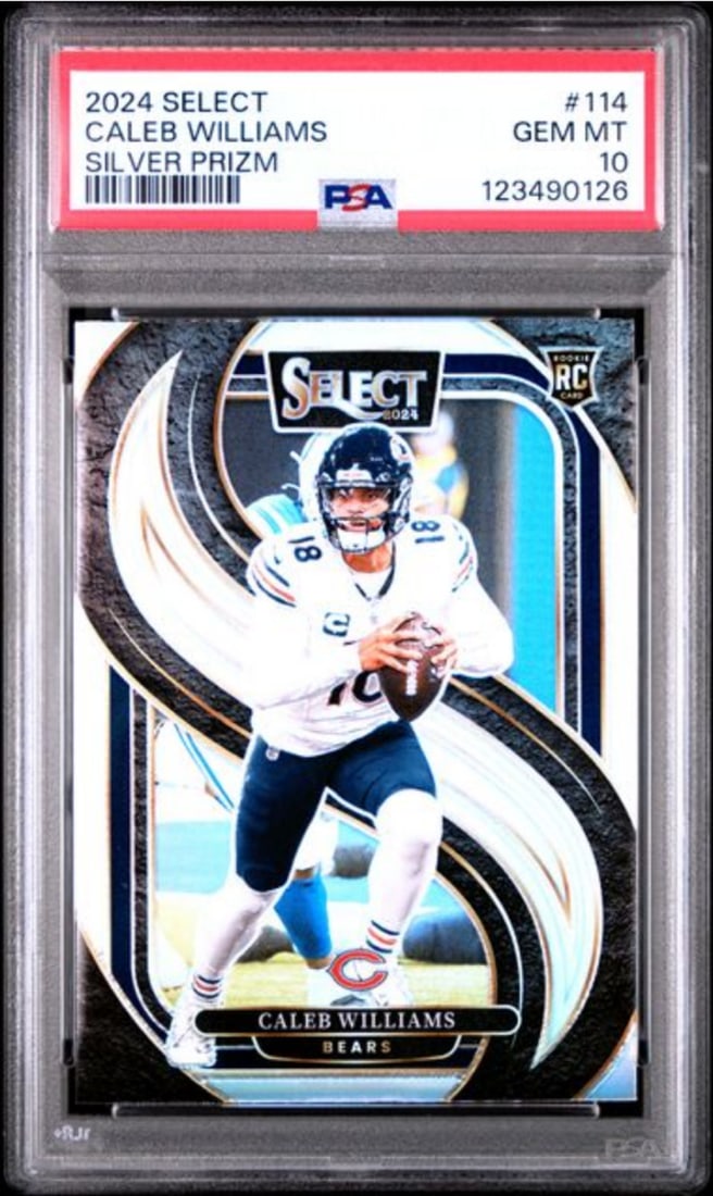 PSA 10 Silver Prizm 2024 Caleb Williams Rookie Card Panini Select #114: PSA 10 Silver Prizm 2024 Caleb Williams Rookie Card Panini Select #114 This is a 2024 Panini Select Silver Prizm Rookie RC card featuring Caleb Williams of the Chicago Bears. The card is encapsulated 