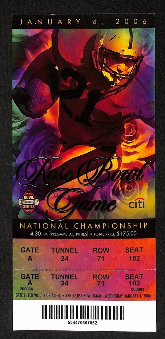 2006 Rose Bowl Full Ticket Texas Longhorns vs USC National Championship Vince Young: 2006 Rose Bowl Full Ticket Texas Longhorns vs USC National Championship Vince Young This listing features a full ticket from the 2005-2006 Rose Bowl, commemorating the National Championship game betwe