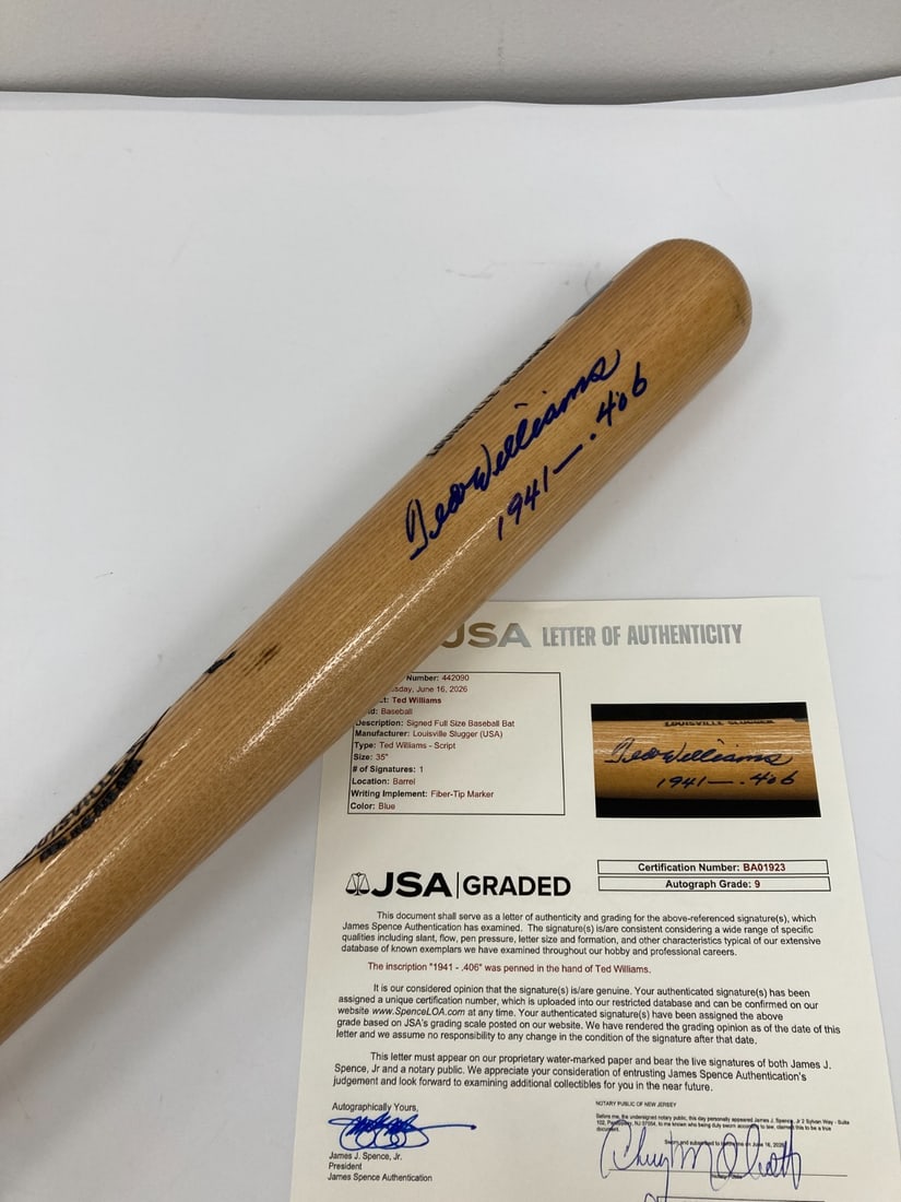 Ted Williams signed 1941-.406 game model baseball bat JSA graded 9: Ted Williams signed 1941-.406 game model baseball bat JSA graded 9 A Ted Williams signed game model baseball bat featuring the "1941-.406" marking. The bat is an original piece with autograph authenti