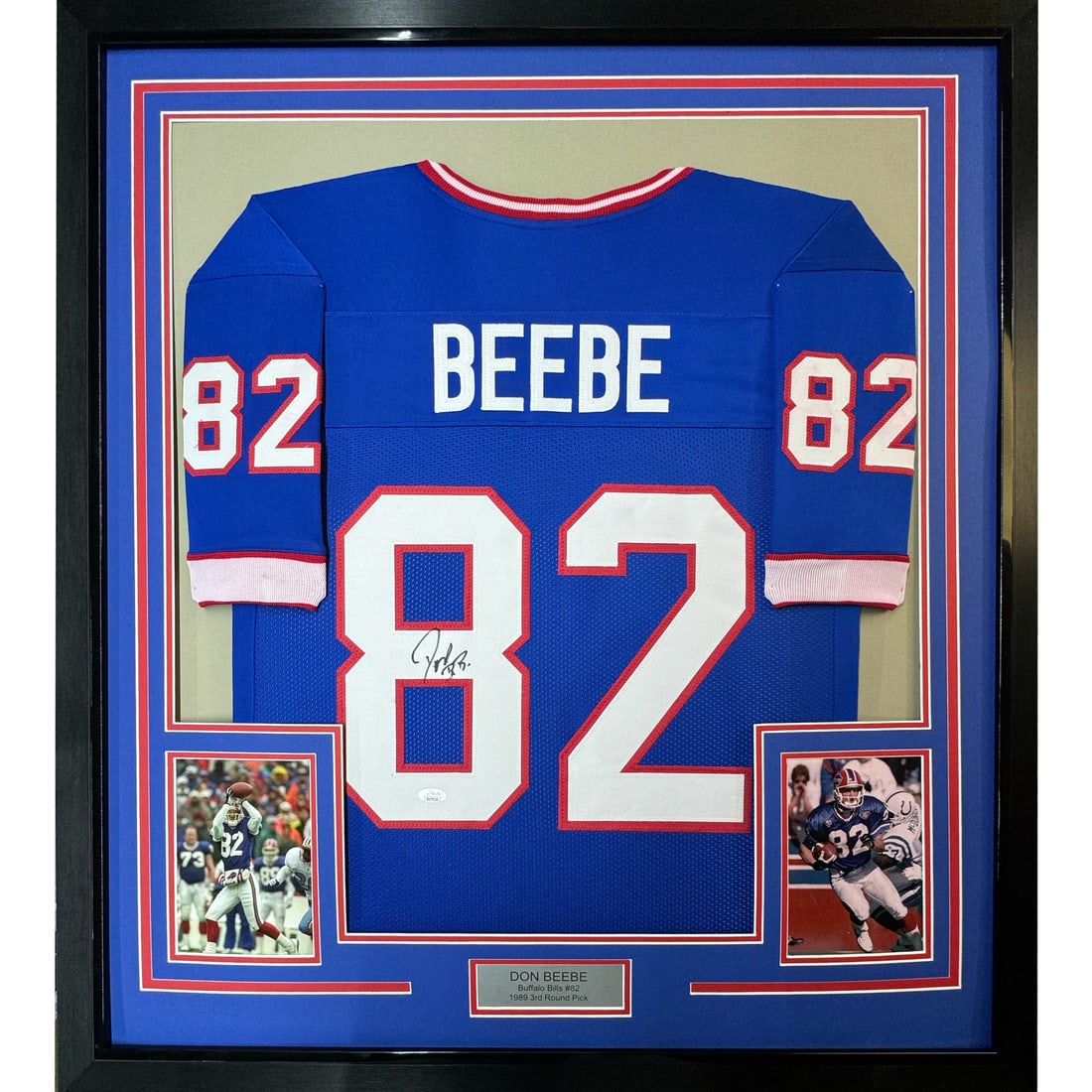 Don Beebe Buffalo Bills framed signed jersey 35x39 JSA COA: Don Beebe Buffalo Bills framed signed jersey 35x39 JSA COA This framed Buffalo Bills football jersey is autographed by Don Beebe and authenticated by James Spence Authentication (JSA). The display inc