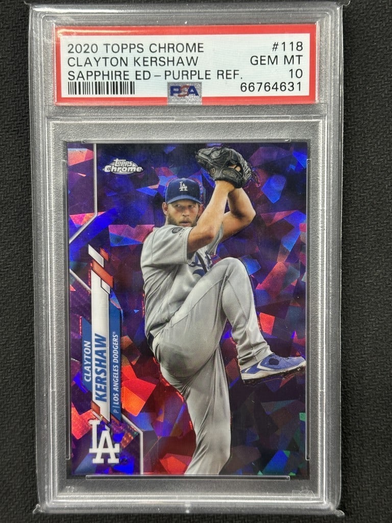 Clayton Kershaw 2020 Topps Chrome Purple Sapphire PSA 10 #118 Dodgers Card: Clayton Kershaw 2020 Topps Chrome Purple Sapphire PSA 10 #118 Dodgers Card This is a 2020 Topps Chrome Purple Sapphire baseball card featuring Clayton Kershaw, a standout pitcher for the Los Angeles D