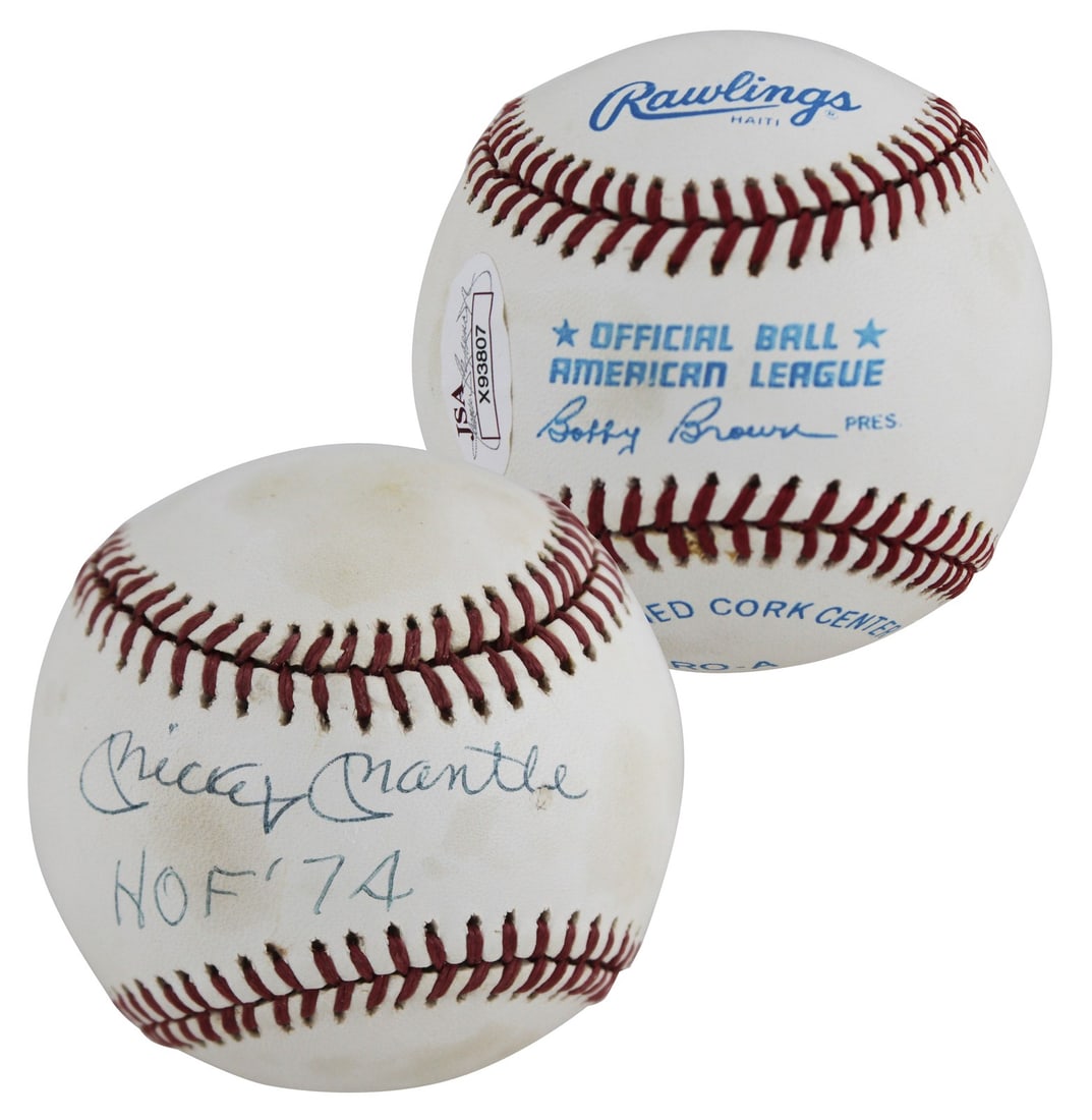 Mickey Mantle HOF 74 autographed Bobby Brown baseball PSA DNA LOA: Mickey Mantle HOF 74 autographed Bobby Brown baseball PSA DNA LOA This original Bobby Brown Official American League baseball has been personally signed by Mickey Mantle of the New York Yankees, featu