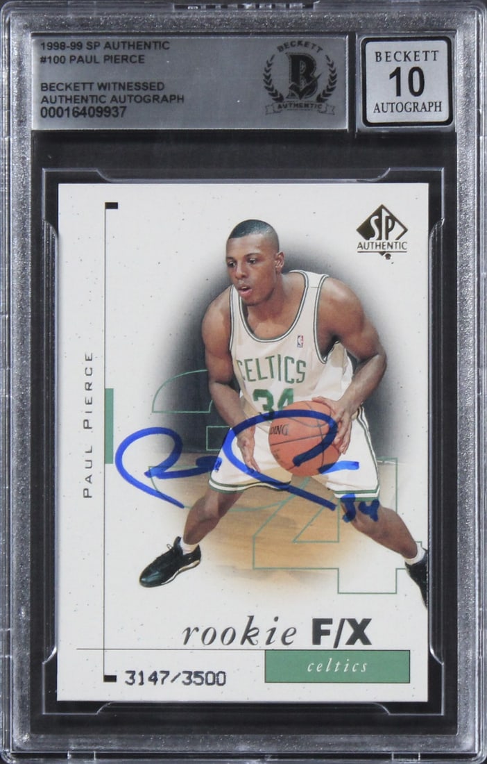 Paul Pierce 1998 SP Rookie Card Signed Beckett Gem Mint 10 Slabbed: Paul Pierce 1998 SP Rookie Card Signed Beckett Gem Mint 10 Slabbed This 1998 SP #100 rookie card features Paul Pierce of the Boston Celtics and has been personally signed by him. The card is slabbed a